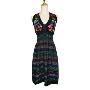 Artesanias Women’s OS Floral Embroidered Mexican Dress Halter Black Colorful